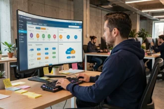 Ingénieur informatique travaillant sur la console AWS sur un grand écran dans un bureau tech moderne