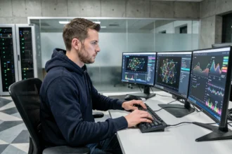 Ingénieur en informatique travaillant sur des tableaux de bord d'IA en temps réel dans un bureau technologique moderne avec infrastructure edge computing