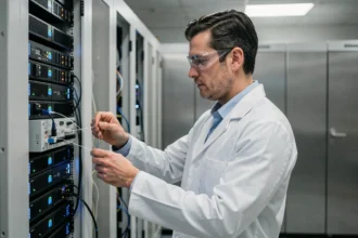Ingénieur manipulant un câble à fibre optique quantique dans une salle de serveurs moderne