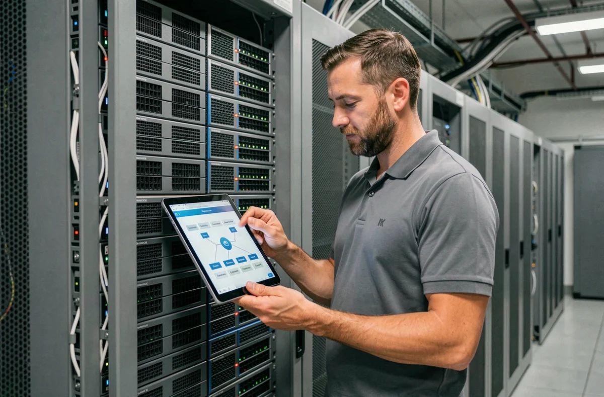 Ingénieur réseau consultant un schéma d'infrastructure PKI et d'autorité de certification dans un centre de données