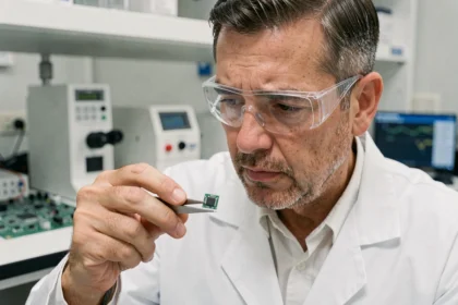 Ingénieur en laboratoire tenant une puce électronique avec des brucelles, illustration de l'invention des microprocesseurs