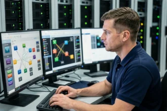 Ingénieur réseau configurant un contrôleur SDN sur plusieurs écrans dans une salle de serveurs moderne