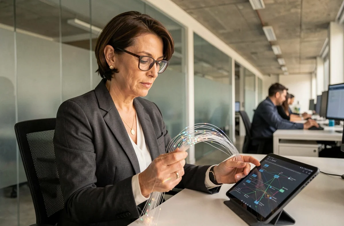 Ingénieure réseau comparant la fibre optique aux nouvelles technologies sans fil dans un bureau moderne
