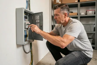 Homme inspectant un tableau électrique domestique pour comprendre la consommation en watts