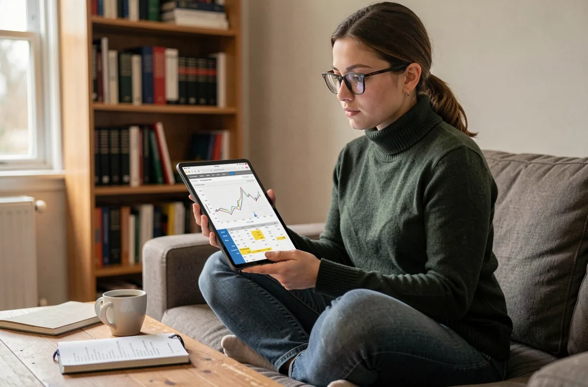 Jeune femme analysant des données statistiques sur une tablette dans un bureau à domicile