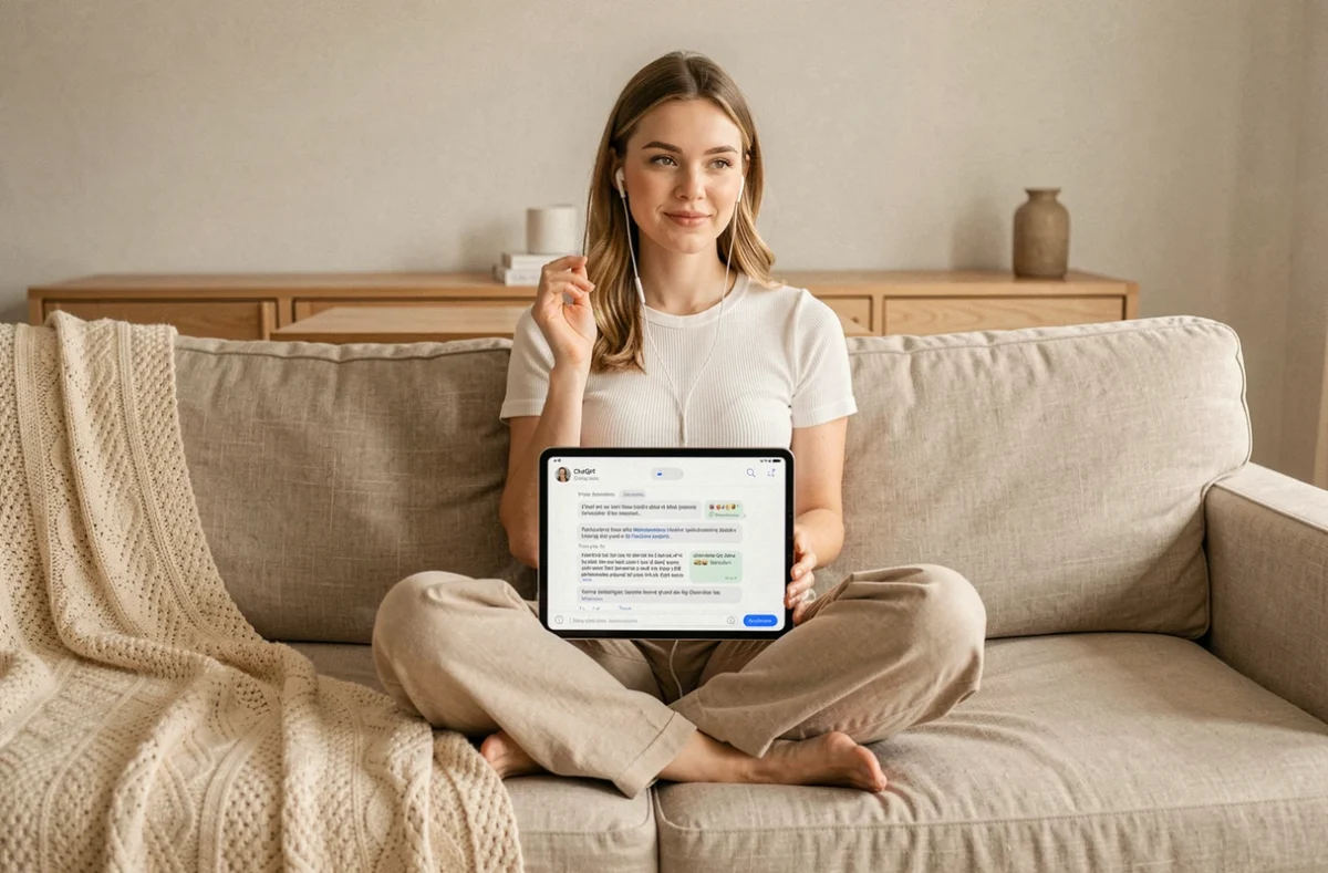 Jeune femme assise sur un canapé écoutant un audio avec des écouteurs sans fil pendant que ChatGPT transcrit le contenu sur une tablette
