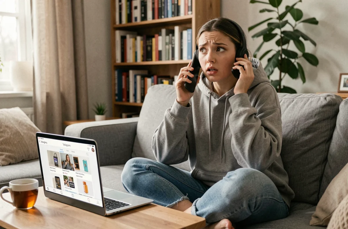 Jeune femme au téléphone entourée d'appareils connectés avec des publicités Instagram suspectes visibles sur un ordinateur