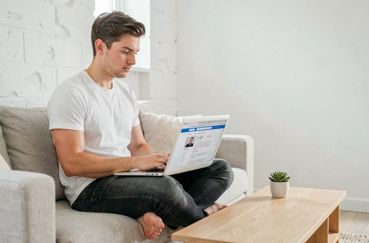 Jeune homme optimisant le contenu d'un article de blog pour le SEO depuis son salon