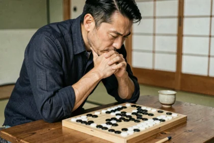 Joueur de Go concentré devant un plateau complexe dans une salle de thé japonaise