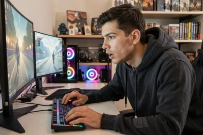 Jeune homme concentré en train de jouer à un jeu vidéo sur un setup gaming moderne avec clavier mécanique et double écran