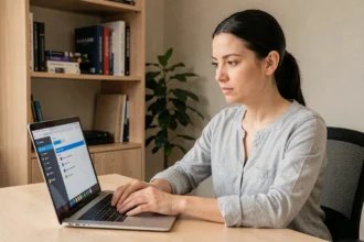 Femme utilisant un logiciel sur un ordinateur portable dans un bureau moderne à domicile
