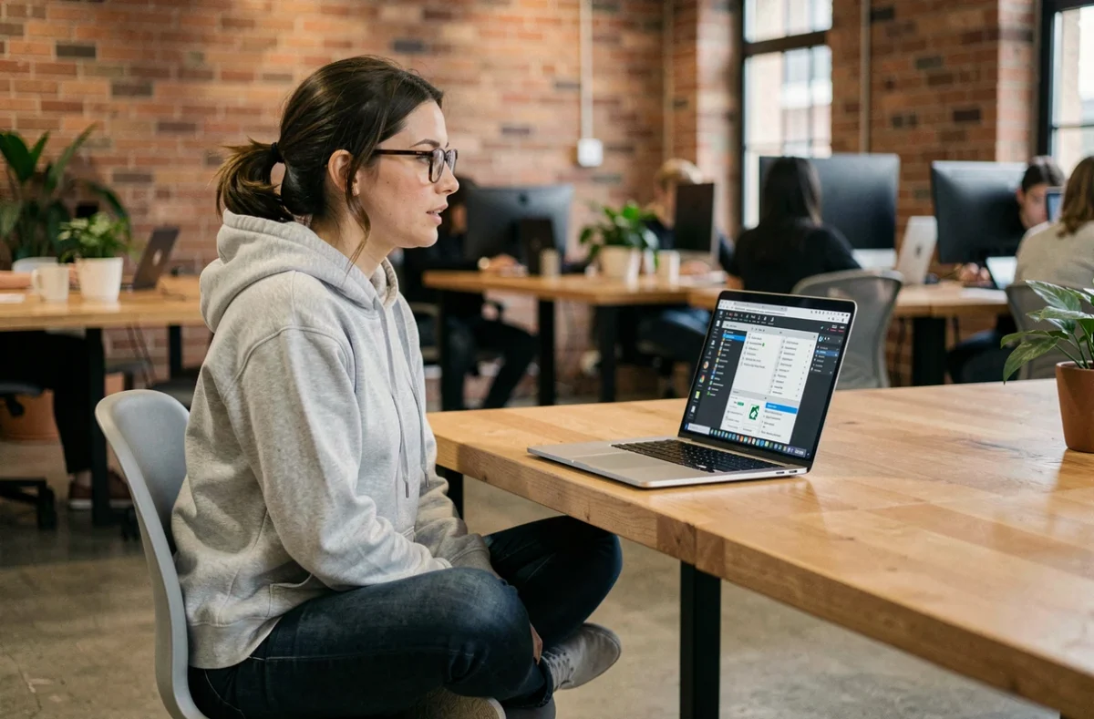 Développeuse utilisant plusieurs machines virtuelles sur un ordinateur portable dans un espace de coworking