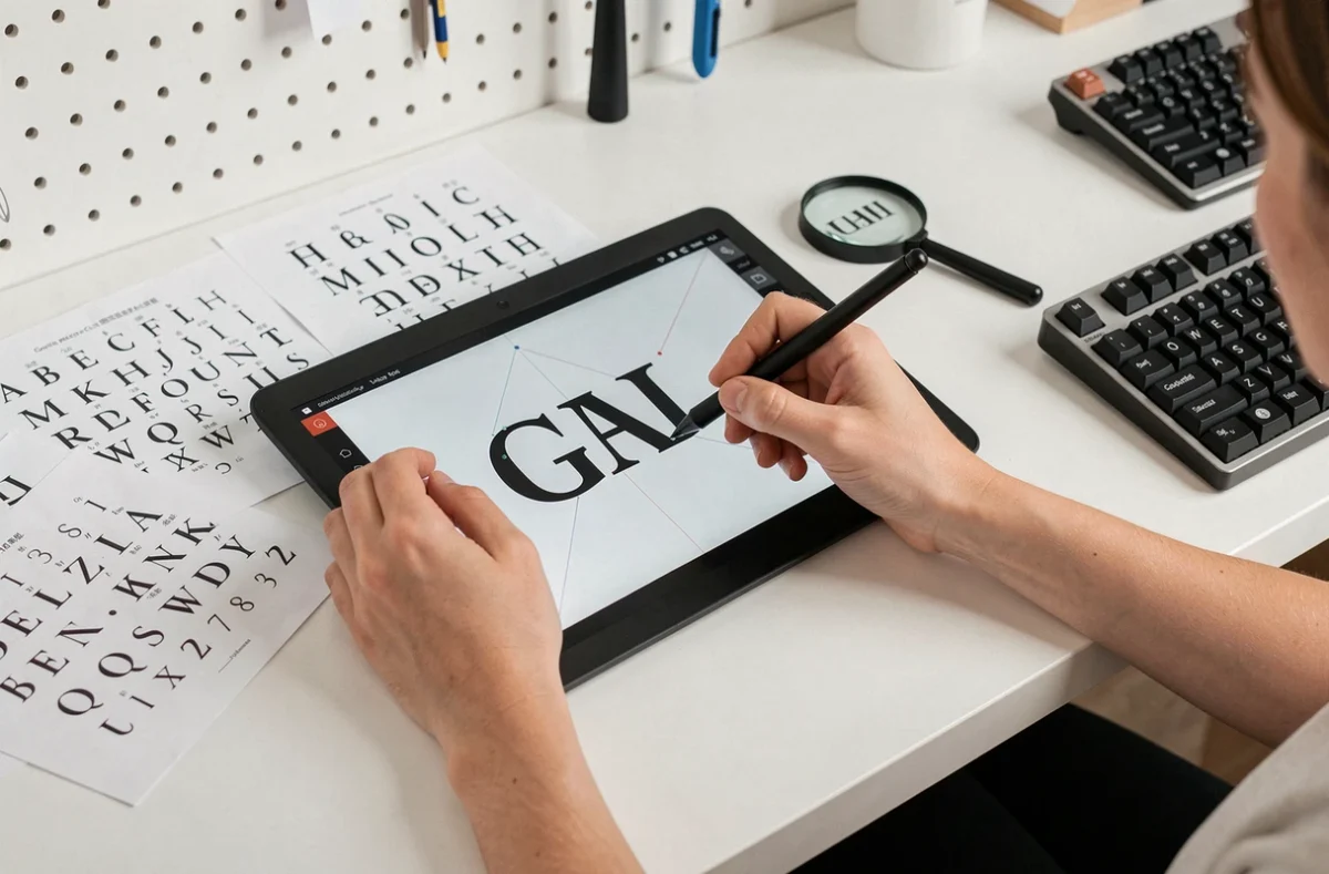 Mains d'une graphiste manipulant des courbes de Bézier pour retrouver une typographie vectorisée sur tablette graphique