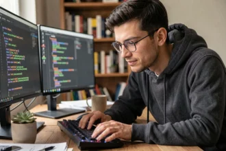 Développeur web masculin concentré devant deux écrans affichant du code HTML et JavaScript dans un bureau moderne