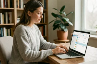 Femme utilisant une application de messagerie sur son ordinateur portable dans un bureau à domicile