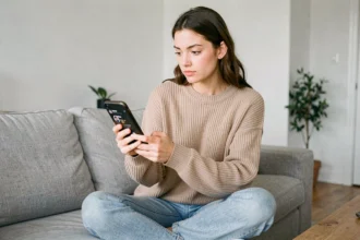 Jeune femme consultant TikTok sur son smartphone dans un appartement moderne pour choisir la meilleure heure de publication