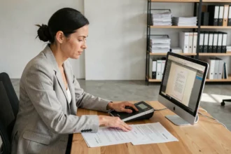 Femme professionnelle numérisant des documents papier vers un ordinateur dans un bureau moderne, illustrant la numérisation de documents analogiques en fichiers numériques