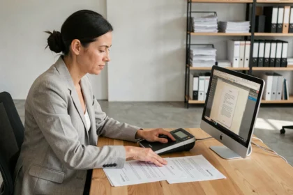 Femme professionnelle numérisant des documents papier vers un ordinateur dans un bureau moderne, illustrant la numérisation de documents analogiques en fichiers numériques