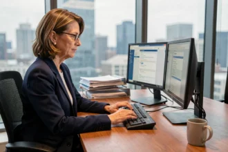 Assistante de direction organisant les courriels professionnels de son patron sur un double écran dans un bureau moderne