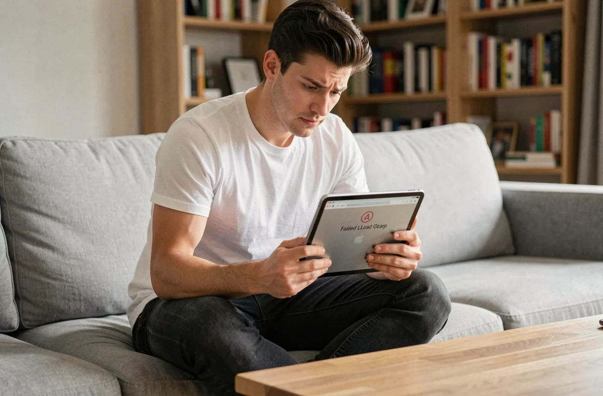 Jeune homme perplexe tentant d'ouvrir un fichier PDF sur une tablette depuis son salon