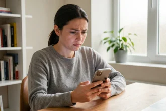 Femme consultant les paramètres de confidentialité sur son smartphone à son bureau à domicile