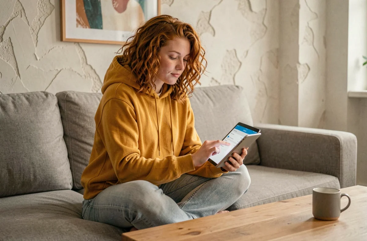 Jeune personne naviguant dans les paramètres de confidentialité sur une tablette dans un salon moderne