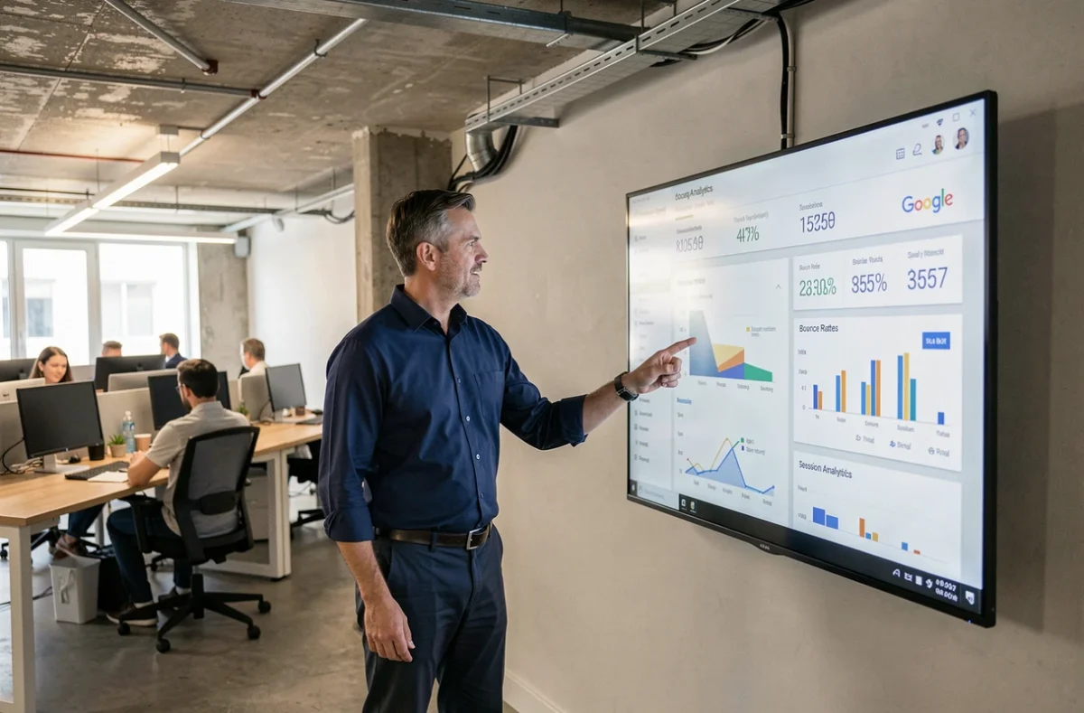 Homme présentant des métriques d'analyse web sur grand écran dans un open space, démarrer avec l'analyse de données web