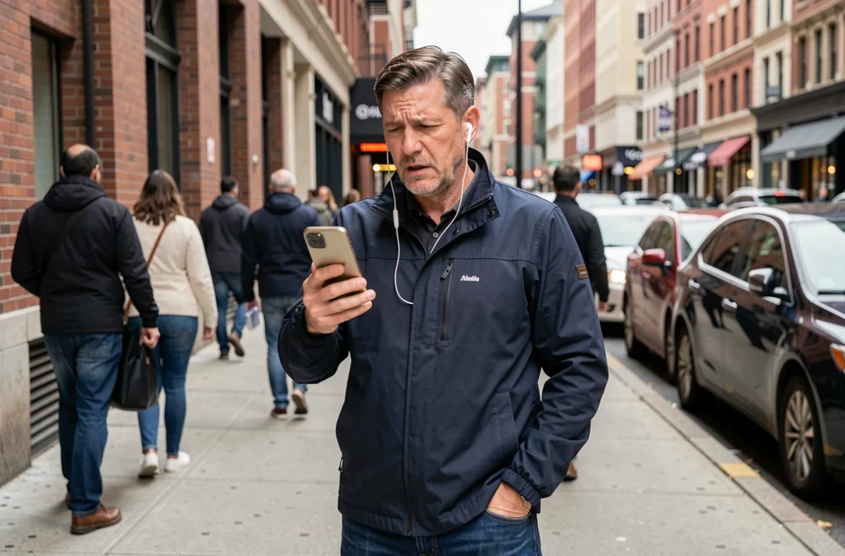 Homme dans la rue avec un casque Bluetooth qui se déconnecte en environnement urbain animé