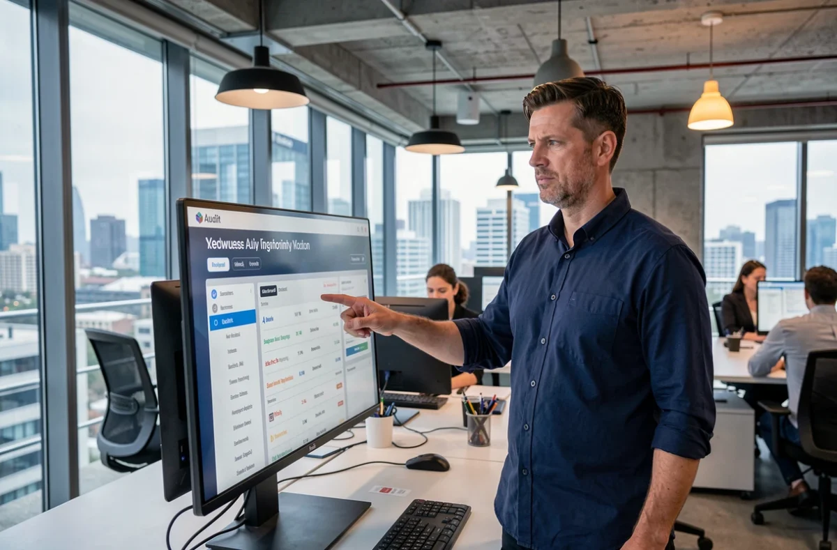 Professionnel en agence web étudiant un audit SEO sur grand écran dans un open space moderne
