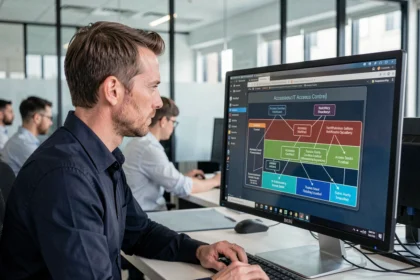 Professionnel en cybersécurité analysant un schéma réseau Zero Trust sur un écran dans un bureau moderne