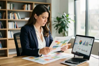 Une professionnelle analysant un plan SEO imprimé avec des annotations colorées sur son bureau en bois dans un bureau moderne