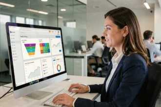Professionnelle analysant un tableau de bord de génération de leads sur un écran d'ordinateur dans un bureau moderne