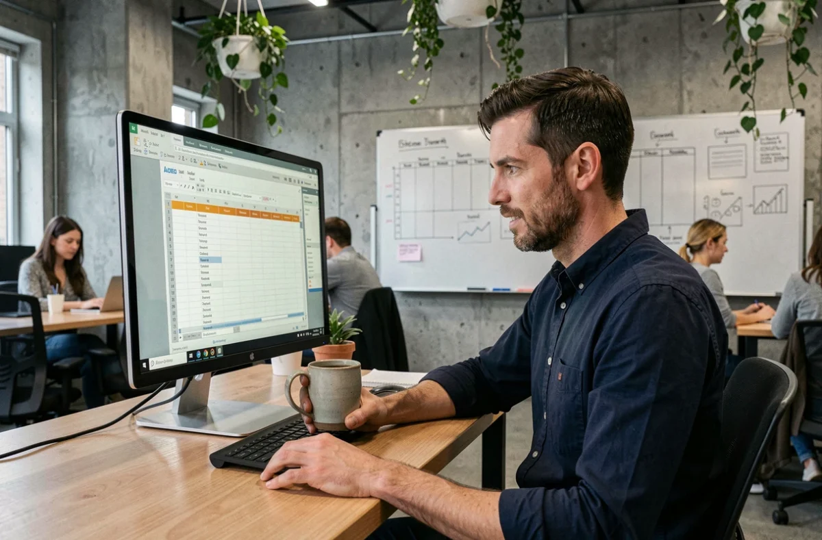 Rédacteur SEO analysant un audit de contenu sur un grand écran dans un espace de coworking moderne