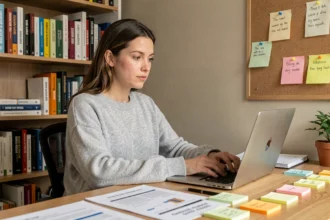 Rédactrice SEO travaillant sur un ordinateur portable dans un bureau à domicile avec des recherches de mots-clés imprimées