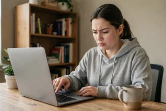 Femme ajustant la luminosité de son écran d'ordinateur portable dans un bureau à domicile