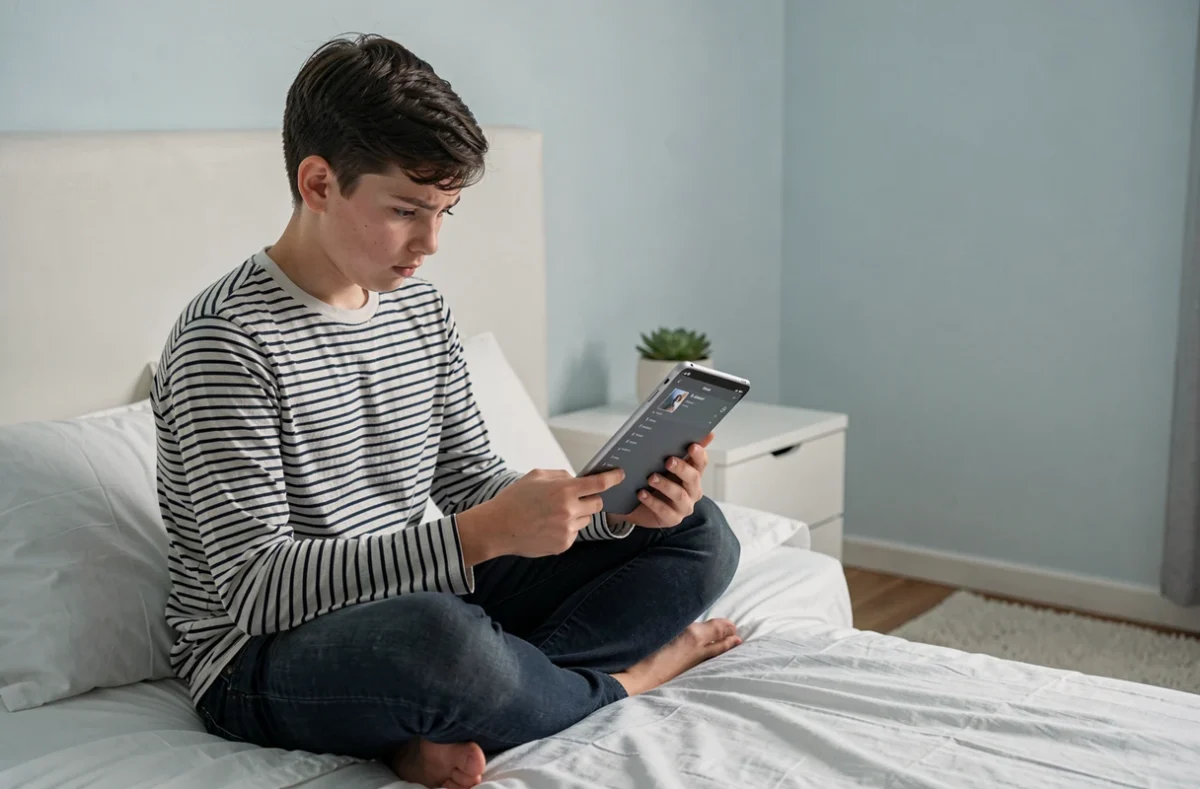 Adolescent réglant la luminosité d'une tablette dans une chambre lumineuse