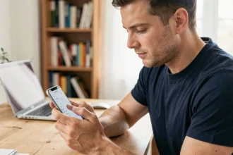 Homme réinstallant une application d'authentification sur son smartphone depuis un bureau à domicile