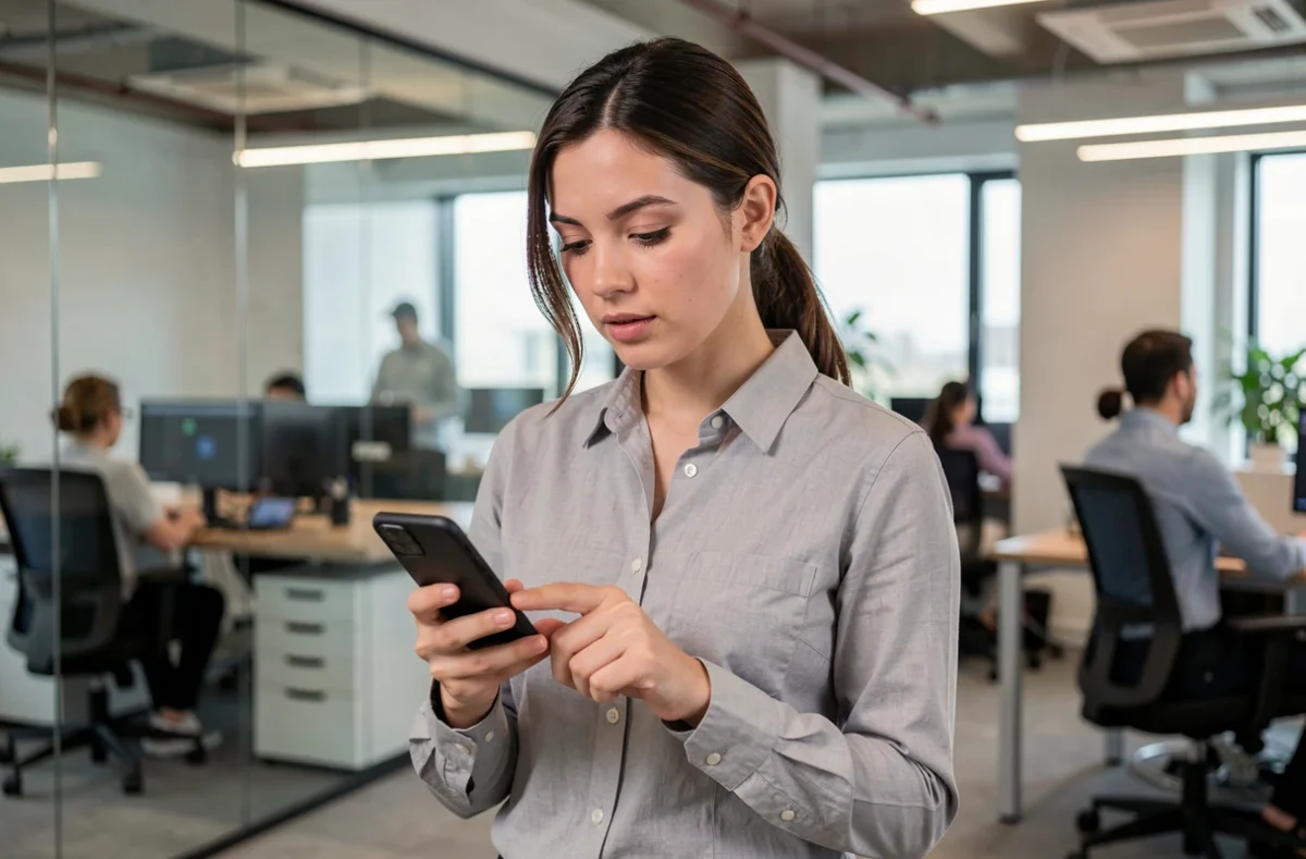 Femme consultant son smartphone pour réinstaller une application d'authentification dans un bureau professionnel