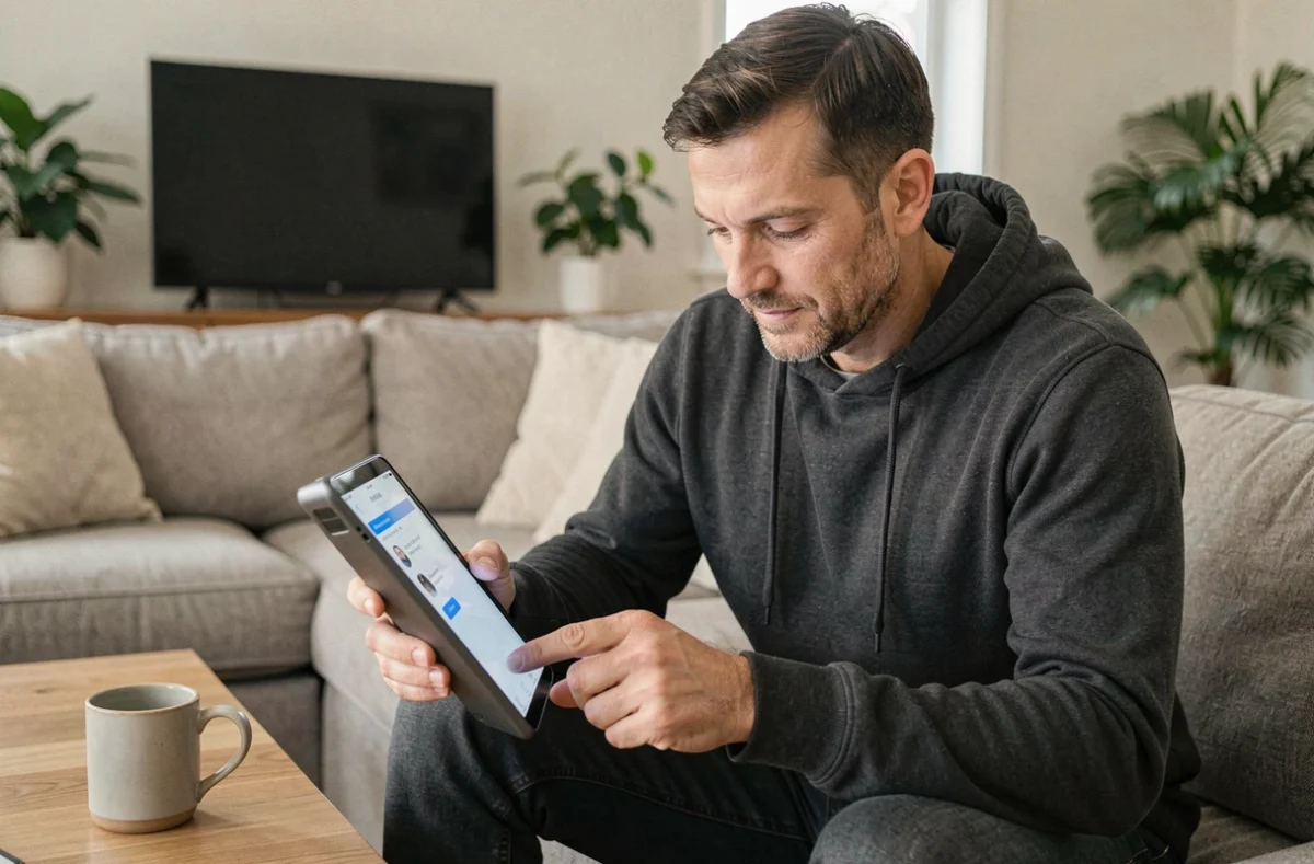 Homme réinstallant une application d'authentification sur une tablette depuis son salon