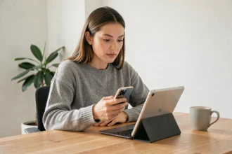 Femme connectant son téléphone à sa tablette depuis son bureau à domicile