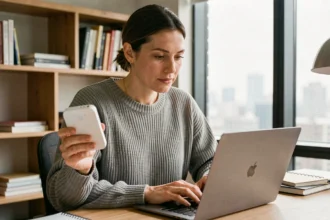 Femme utilisant un routeur Wi-Fi portable 4G dans un bureau à domicile moderne