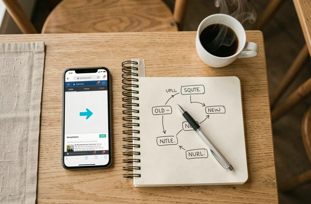 Vue aérienne d'un bureau avec smartphone affichant une redirection URL, carnet de notes et schéma de redirections dessiné à la main