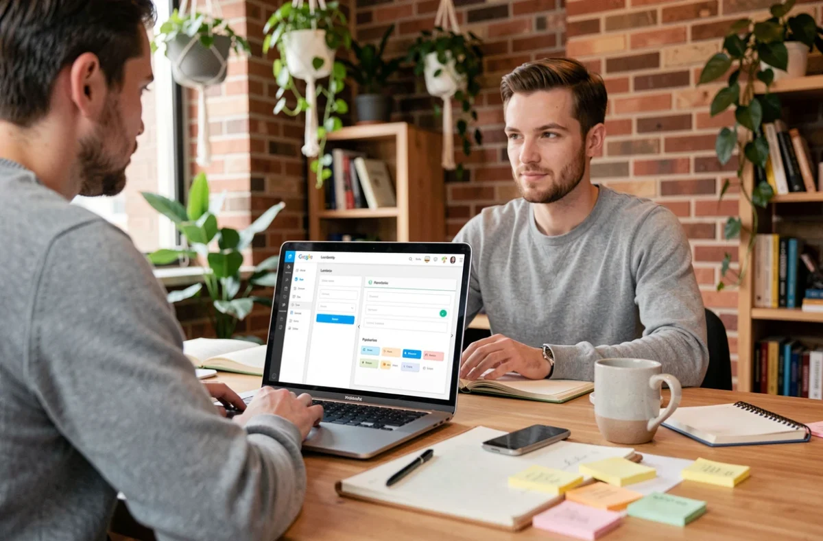 Spécialiste marketing utilisant un logiciel d'automatisation de leads dans un espace de coworking chaleureux