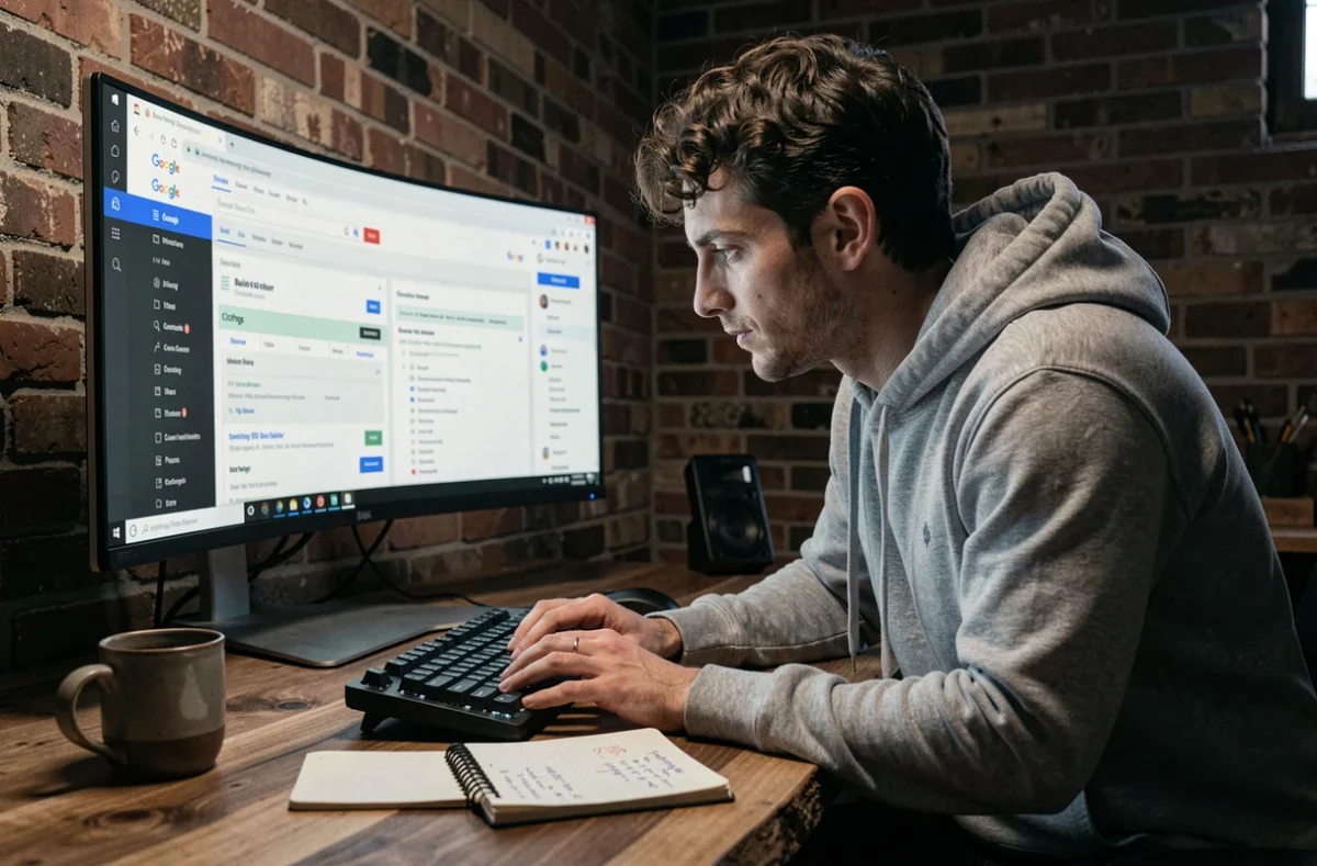 Spécialiste SEO freelance travaillant sur une stratégie de référencement technique dans un bureau à domicile avec briques apparentes