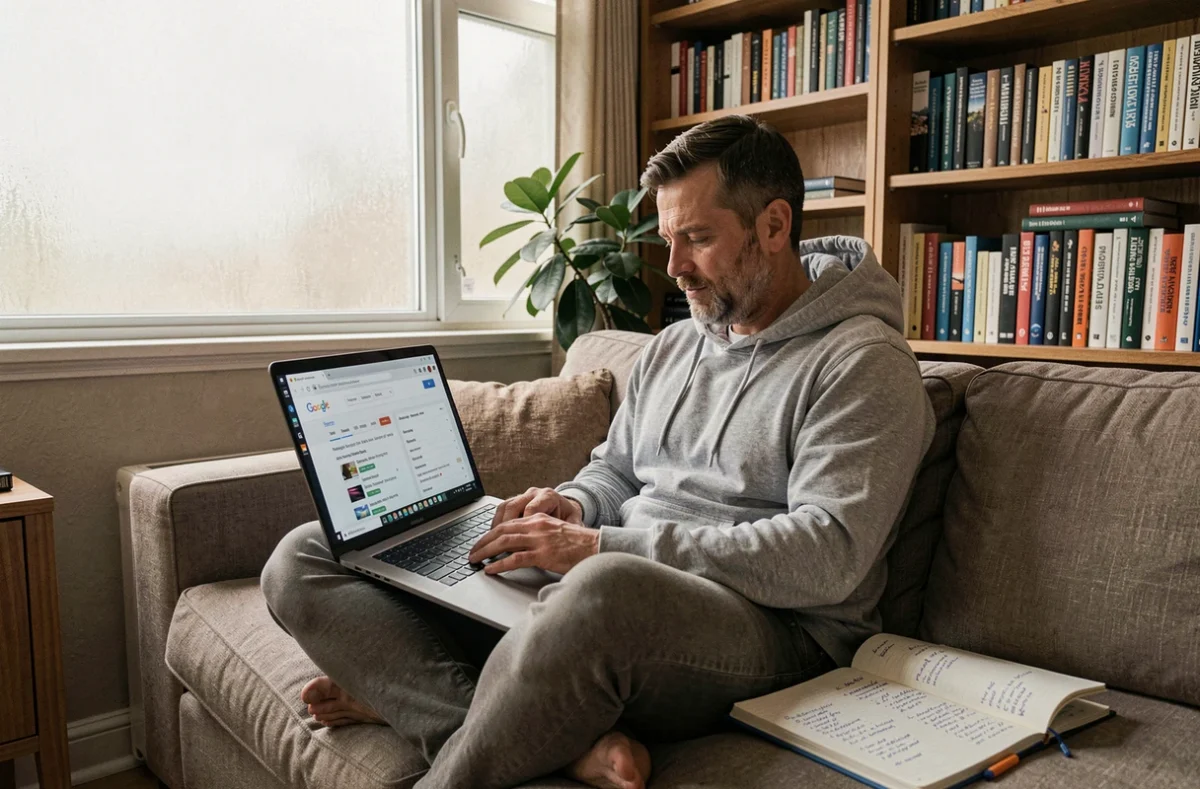 Homme travaillant sur une stratégie de référencement naturel depuis son bureau à domicile avec un ordinateur portable