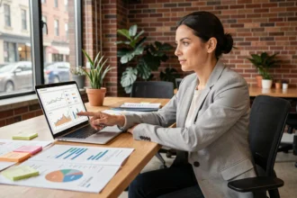 Femme professionnelle analysant une stratégie de référencement SEO sur un ordinateur portable dans un bureau moderne