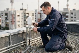 Technicien télécom installant une antenne 5G sur un toit urbain pour remplacer la fibre optique
