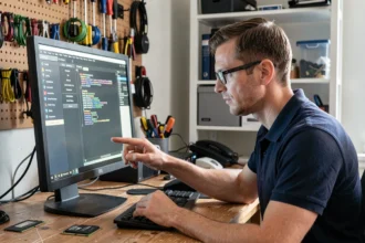 Technicien informatique naviguant dans l'interface UEFI BIOS sur un moniteur de bureau dans un bureau à domicile