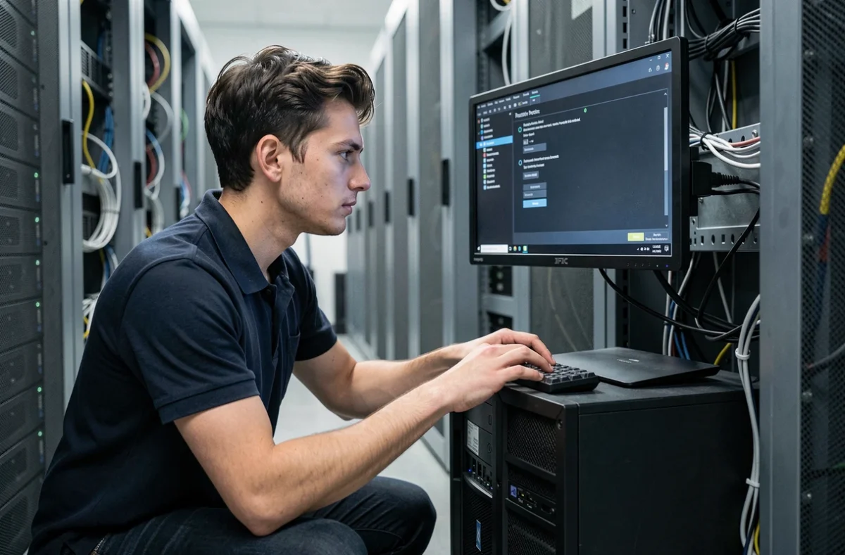 Technicien informatique accédant à la protection du système dans une salle serveur