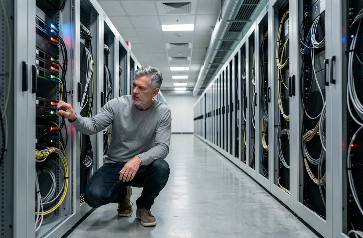 Technicien inspectant des serveurs dans un centre de données pour héberger un site de commerce électronique